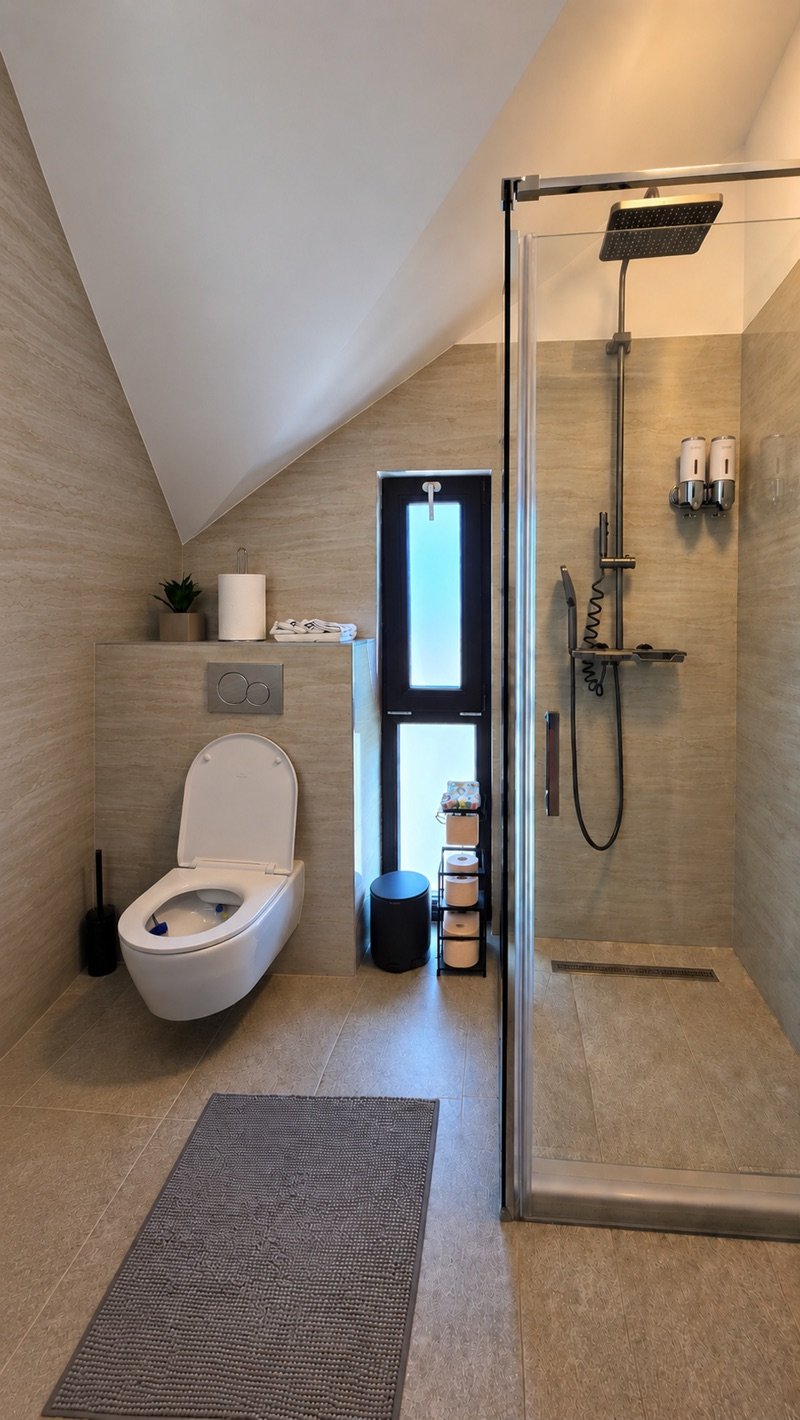 Baie cu duș walk-in, tavan înclinat și fereastră îngustă