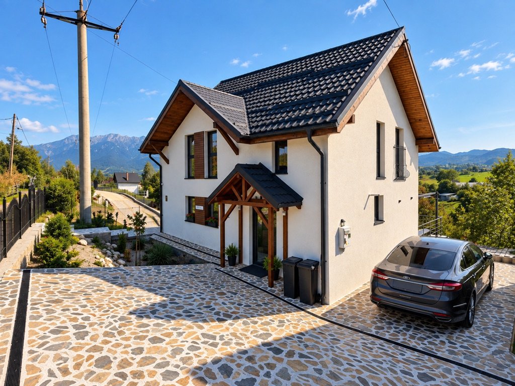 Casa văzută din curte, cu parcarea pavată și munții în fundal
