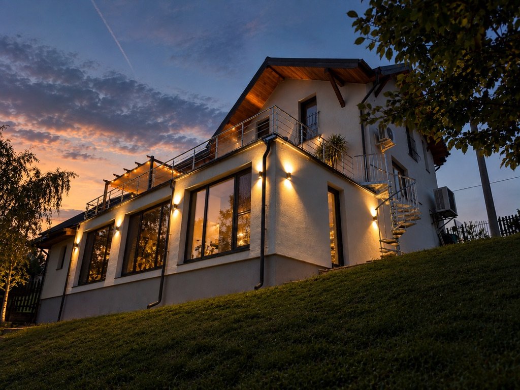 Casa Sienna Chalet la apus, cu luminile exterioare aprinse