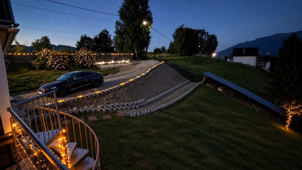 Curtea seara, cu aleea luminată și scara în spirală